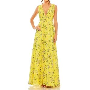 Mac Duggal Long Sleeveless Formal Floral Chiffon Maxi Yellow Dress Size 4
